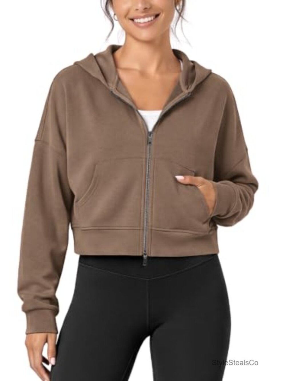 Modal Soft Cropped Full-Zip Hoodie with Pockets Long Sleeve Casual Sweatshirt